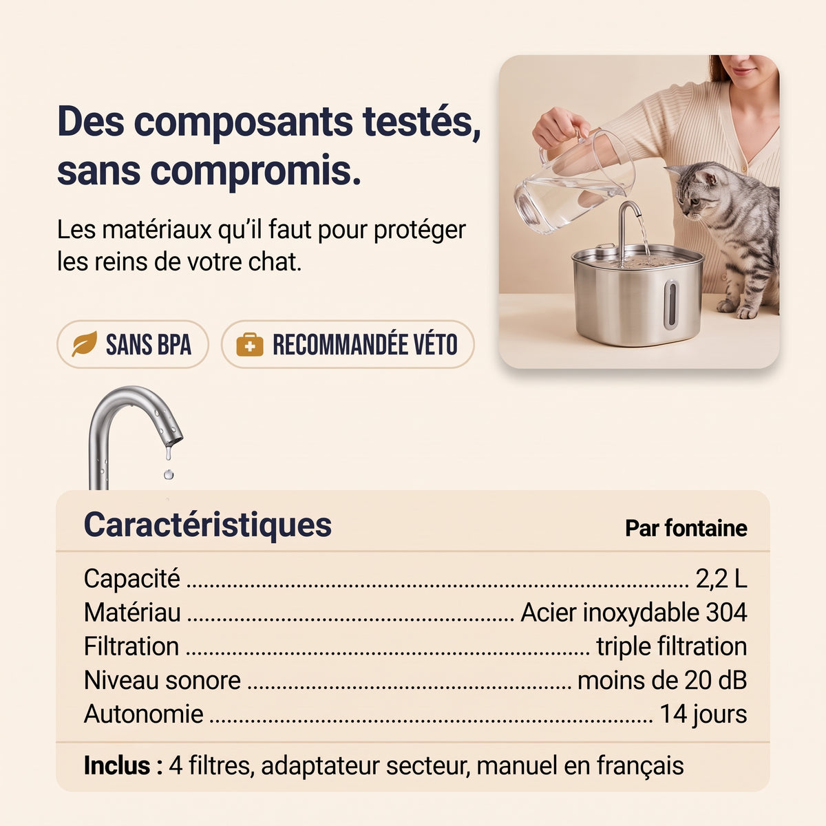 Caractéristiques Puricat 2,2 L : triple filtration, inox 304, 14 jours d'autonomie