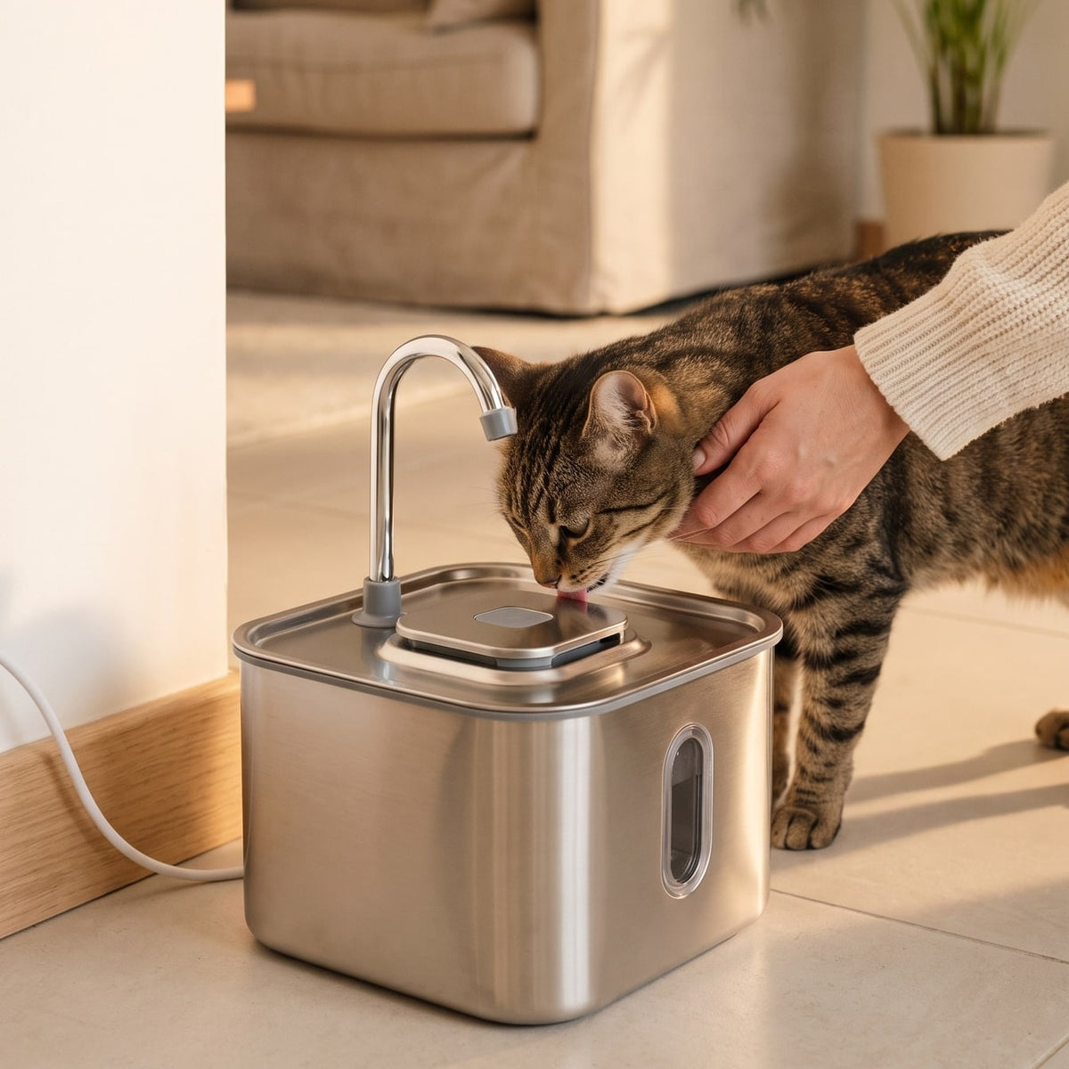 Une main caresse le chat pendant qu'il boit
