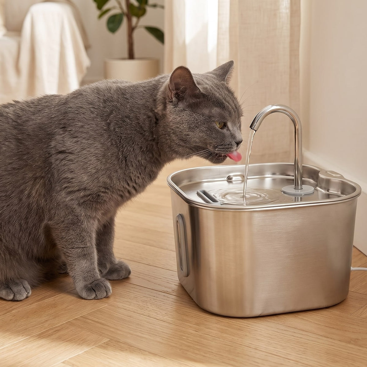 Chat gris qui boit au filet d'eau de la fontaine 2,2 L