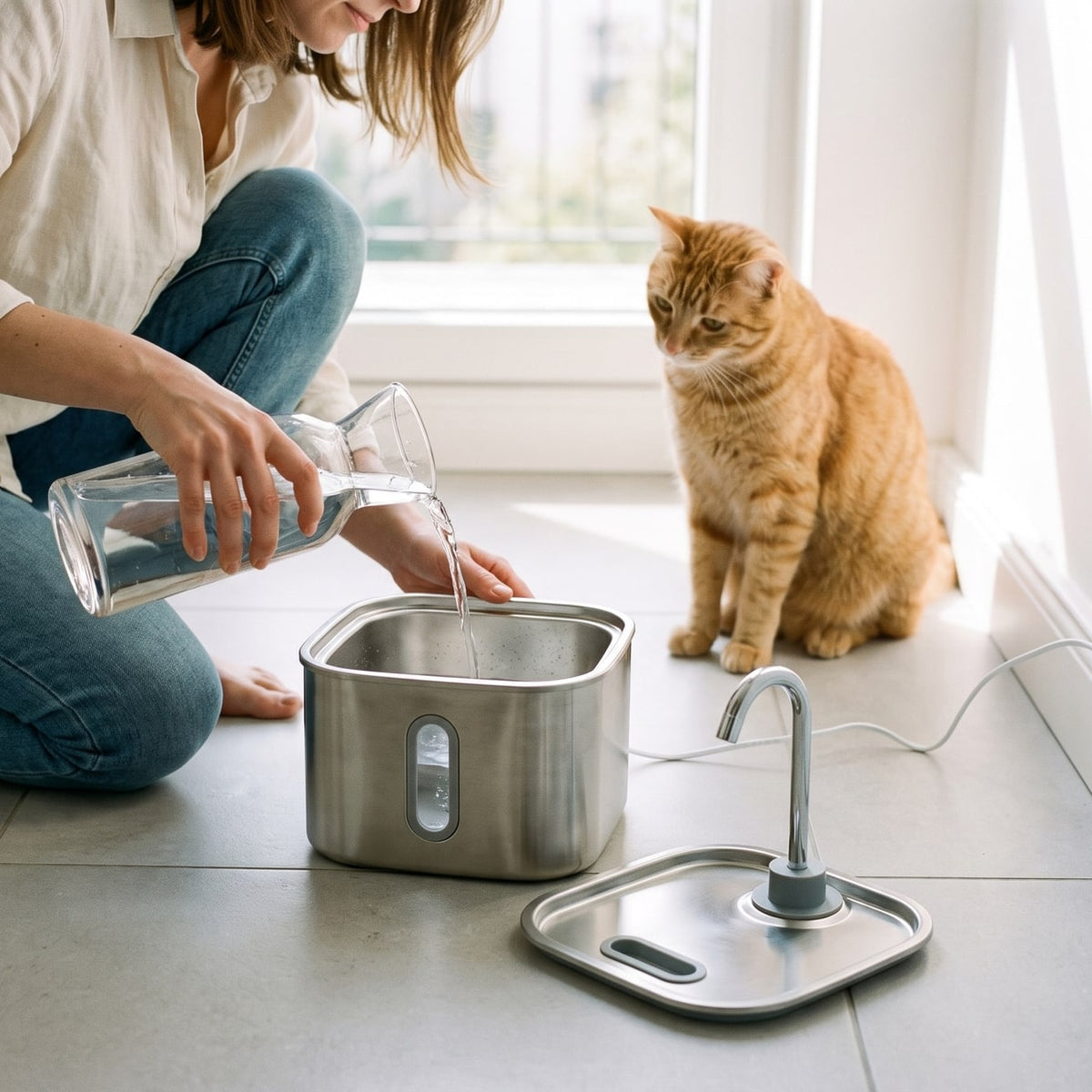 Une femme remplit la fontaine 2,2 L dans sa cuisine