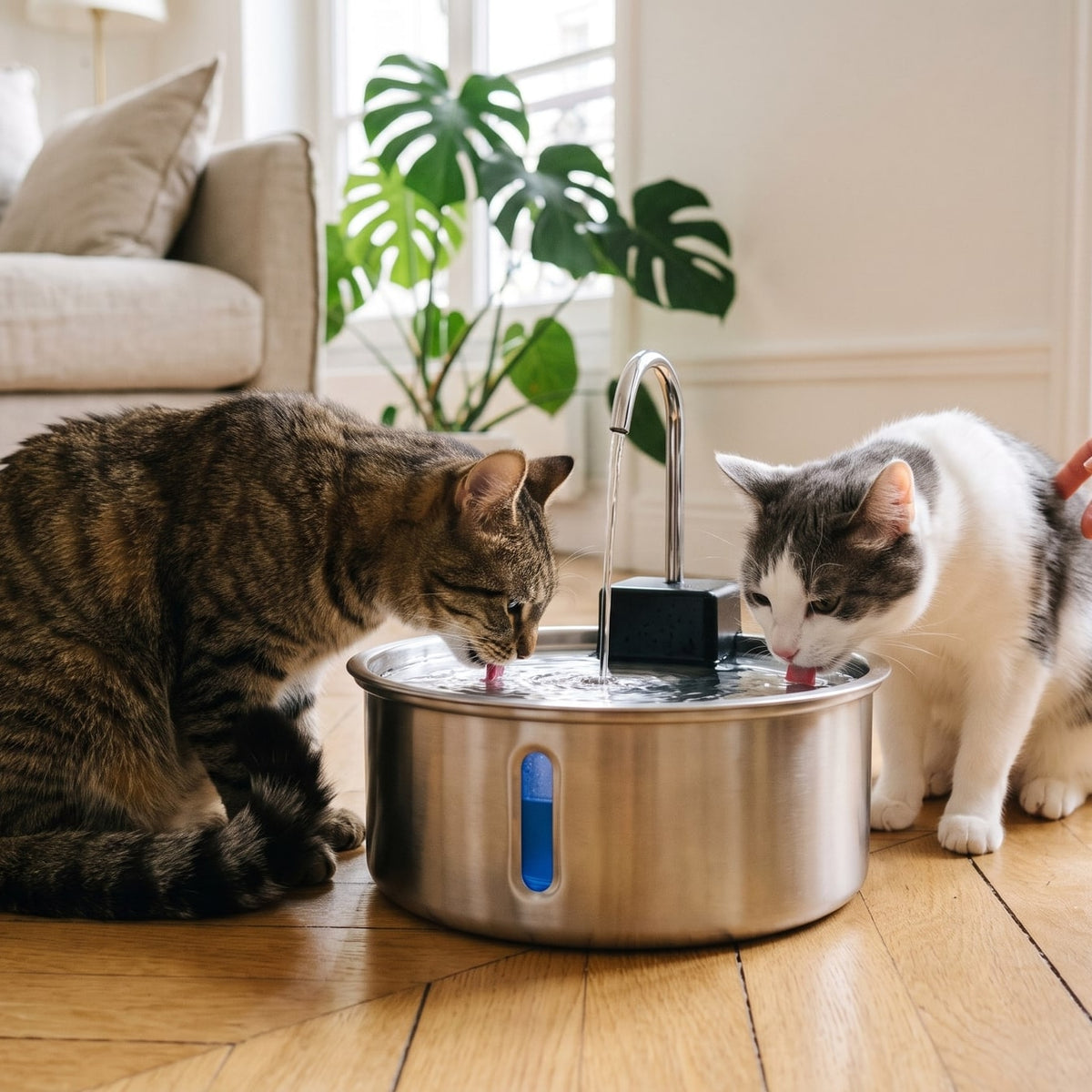 Deux chats boivent en même temps à la fontaine 4 L