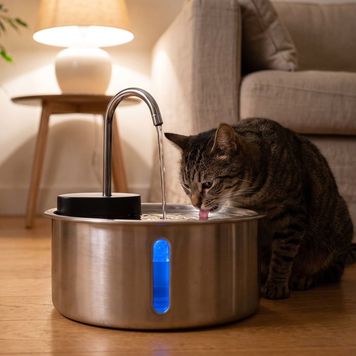 La fontaine Sans Fil 4 L le soir, un chat qui boit