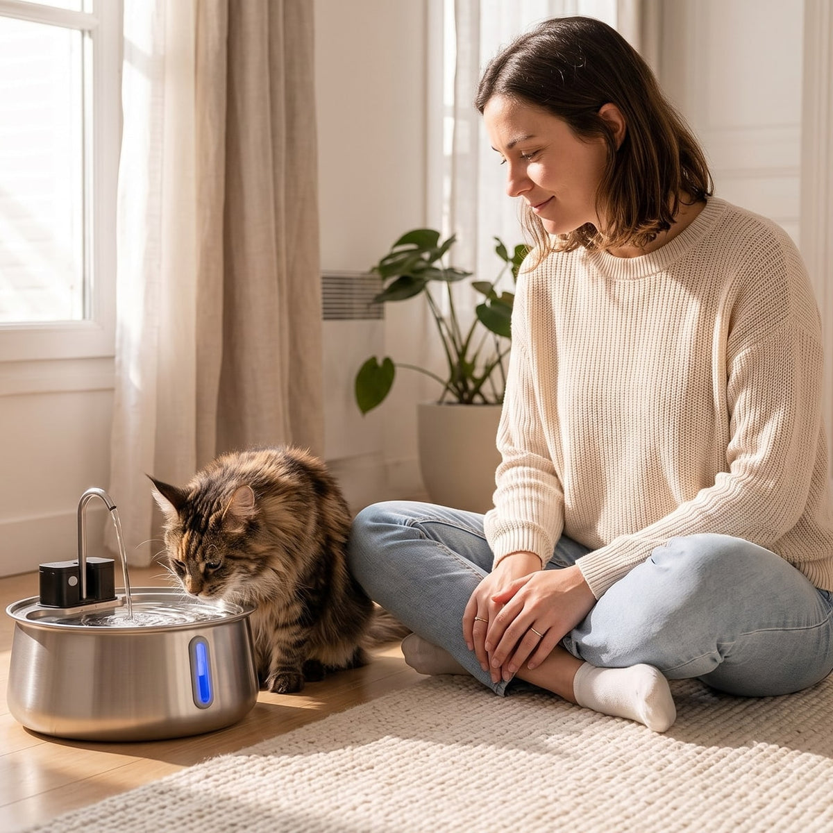 Une femme assise au sol regarde son chat boire
