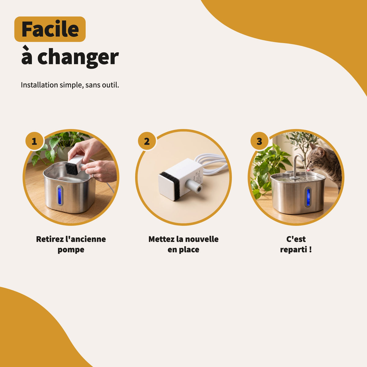 Installation simple, sans outil : la pompe se remplace en trois gestes