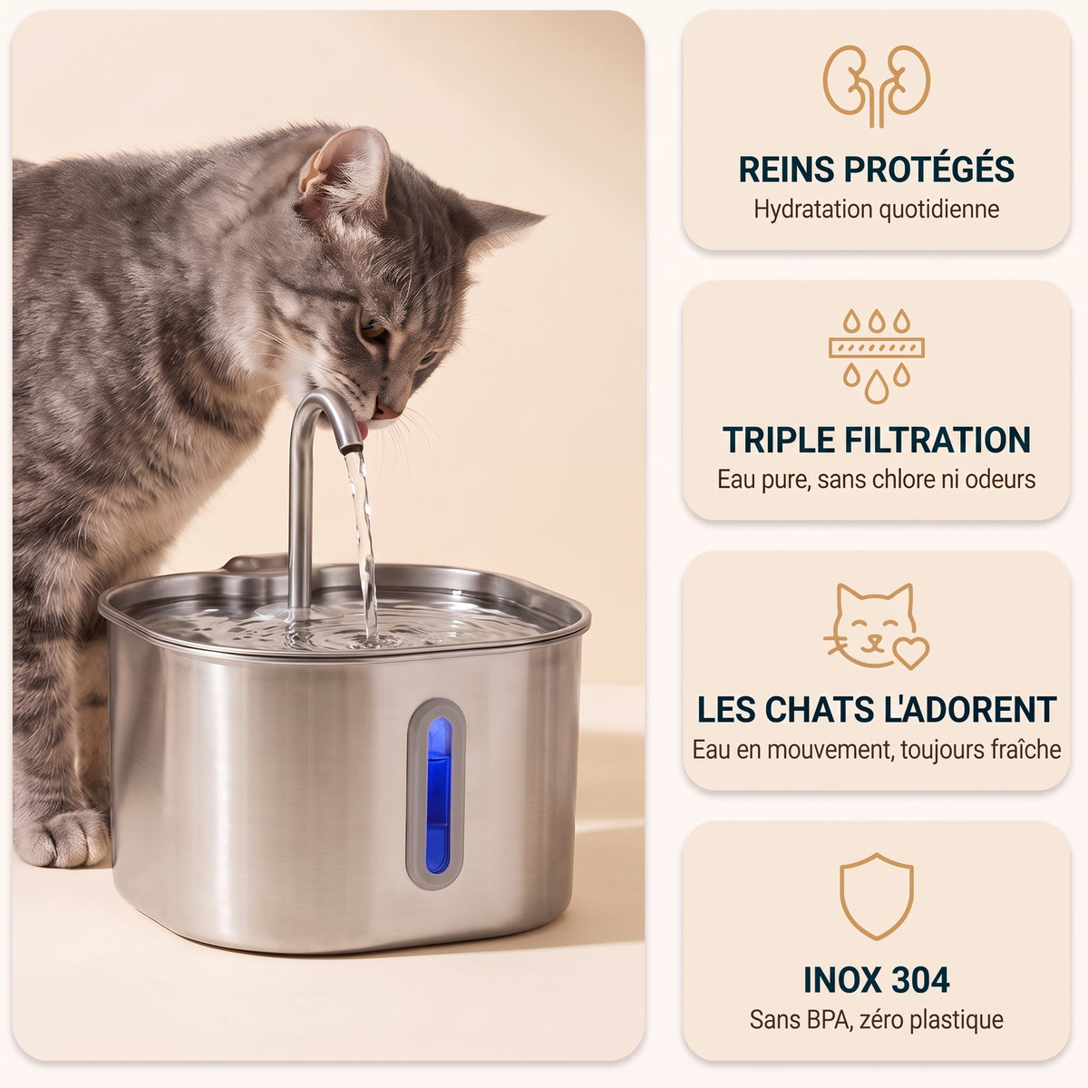 Fontaine Inox 2,2 L Puricat : reins protégés, triple filtration, les chats l'adorent, inox 304