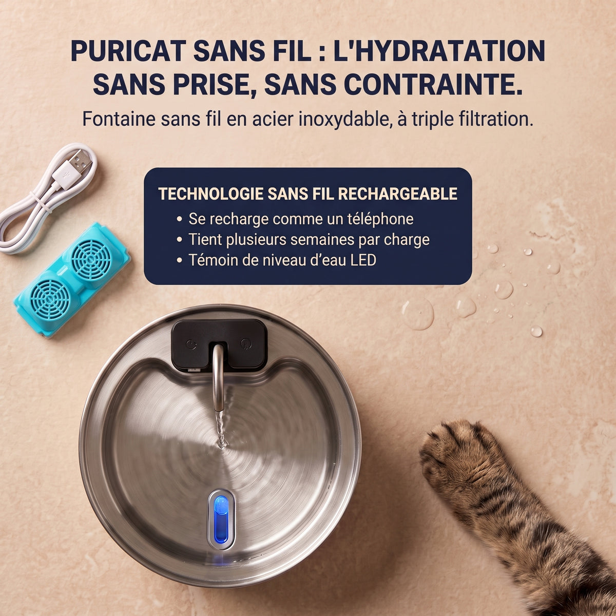 Fontaine Sans Fil vue du dessus avec sa cassette filtrante : technologie sans fil rechargeable