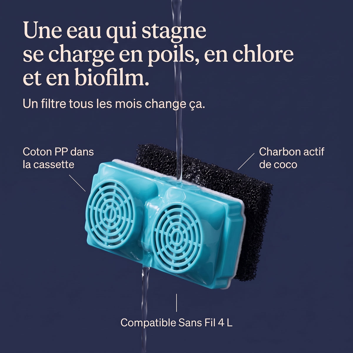 Une eau qui stagne se charge en poils, en chlore et en biofilm — un filtre tous les mois change ça