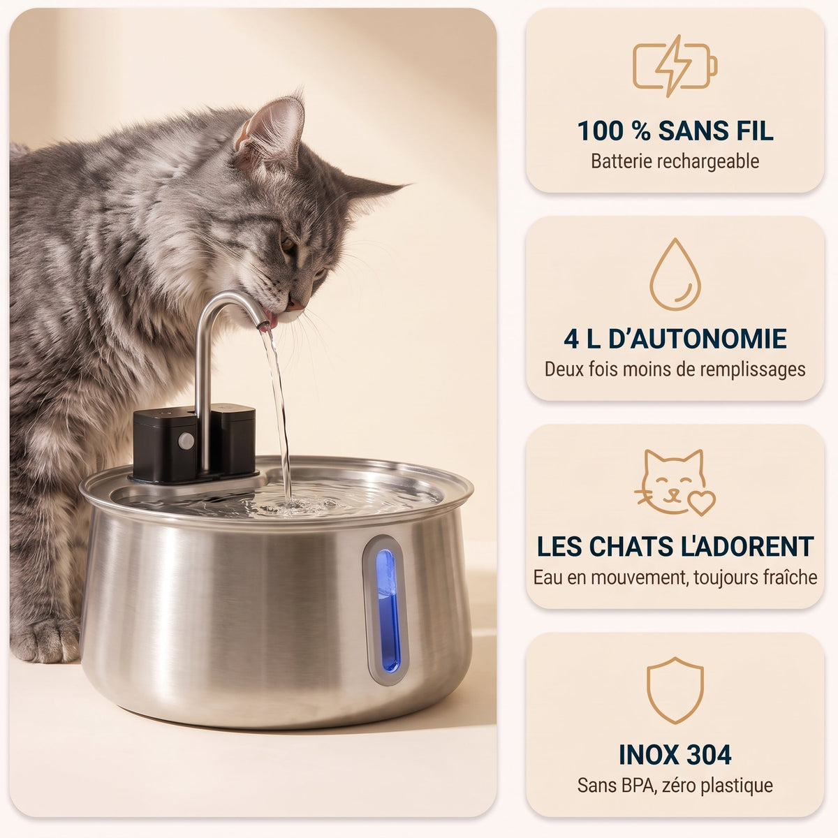 Fontaine Sans Fil 4 L Puricat : 100 % sans fil, 4 L d'autonomie, les chats l'adorent, inox 304