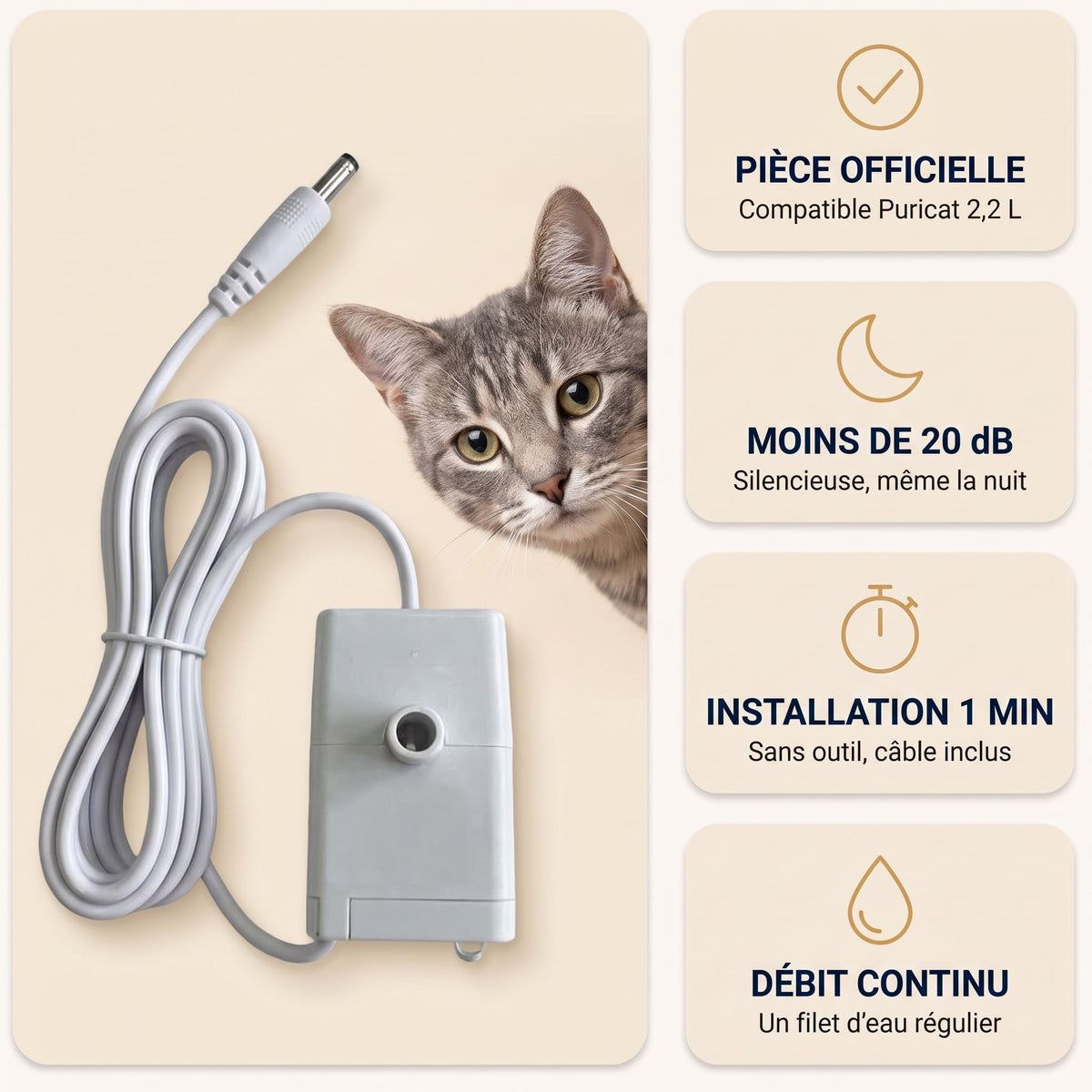 Pompe de rechange officielle Puricat : moins de 20 dB, installation 1 min, débit continu